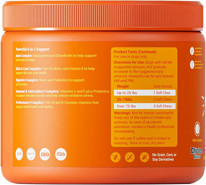 Multivitamin Treats for Dogs, Glucosamine Chondroitin Joint Support + Digestive Enzymes & Probiotics, Grain Free Dog Vitamins and Supplements for Skin & Coat, Peanut Butter - 120ct