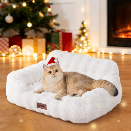 Orthopedic Cat Couch Bed for Indoor Cats, Cute Pet Sofa with Supportive Egg Foam, Fluffy Faux Fur Removable Washable Cover and Non-Slip Bottom, Ivory White