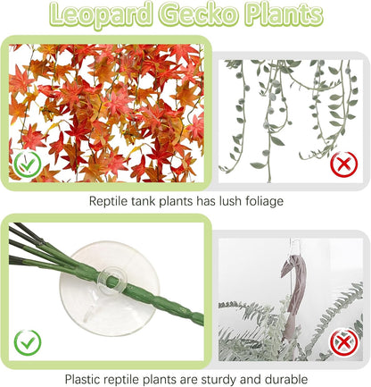 BNOSDM Reptile Plants Habitat Decorations with Suction Cup Terrarium Hanging Plant Bearded Dragon Tank Accessories Artificial Leaves Reptile Hide for Lizard Snake Leopard Gecko Chameleon (Red)