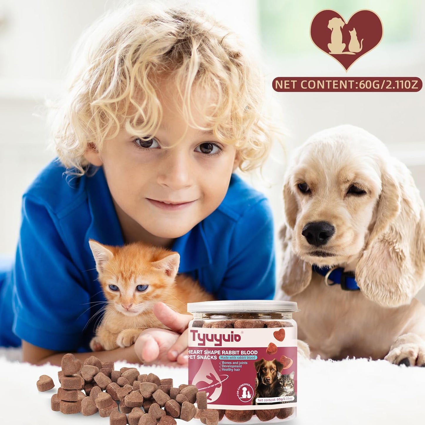 Freeze-Dried Rabbit Blood in Heart Shape,High Protein Freeze-Dried Pet Food for Dogs Cats, Supplemental Iron.Fresh Ingredient Snacks, 2.1 oz.