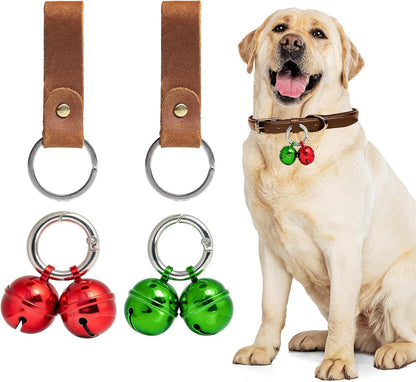 Loud Dog Collar Bells, Durable Pet Red And Green Bells Tracker for Large Dogs, 4 Christmas Copper Bells and 2 Leather Button Strap for Outdoor Safety, Pet Tracking, Hiking, Walking (Red Green)