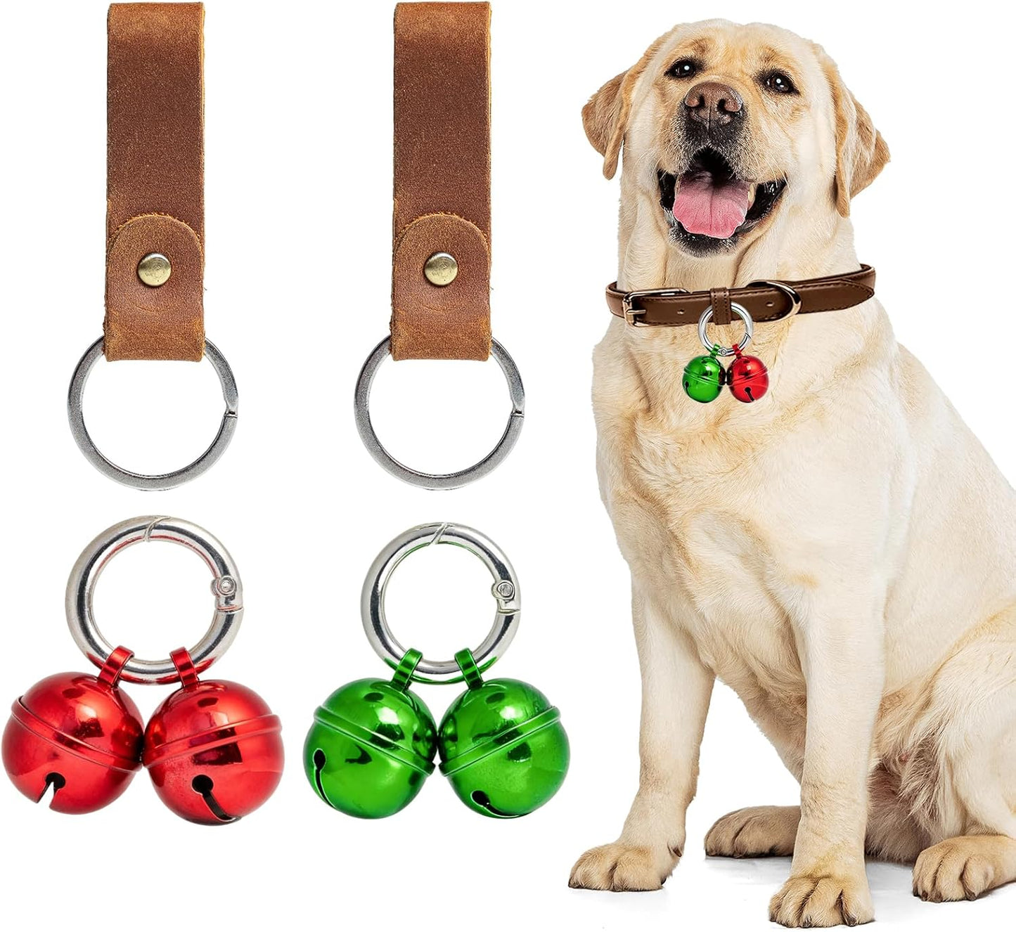 Loud Dog Collar Bells, Durable Pet Red And Green Bells Tracker for Large Dogs, 4 Christmas Copper Bells and 2 Leather Button Strap for Outdoor Safety, Pet Tracking, Hiking, Walking (Red Green)
