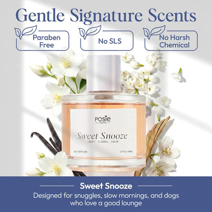 Dog Cologne Spray with Long Lasting Jasmine, Musk, and Vanilla Scent - Vegan Alcohol-Free Pet Deodorizer for Smelly Dogs - Water-Based Luxury Puppy Grooming Fragrance - Sweet Snooze, 100ml