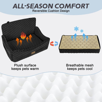 JOEJOY Dog Car Seat for Medium/Large Dogs - Reversible Dual-Sided Travel Dog Car Bed with Memory Foam, Washable Pet Booster Seat for Dogs up to 55 lbs or 2 Small Dogs, 2 Safety Leashes, Black