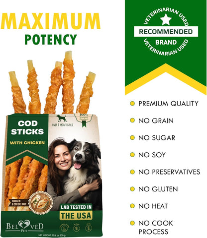 Beloved Pets Dog Treats Rawhide - Free Cod Sticks Chicken Wrapped 10.6 oz - All Natural & Grain Free Long Lasting Chews for Large & Small Dogs - Dried Pet Snacks - Support Healthy Teeth & Skin Coat