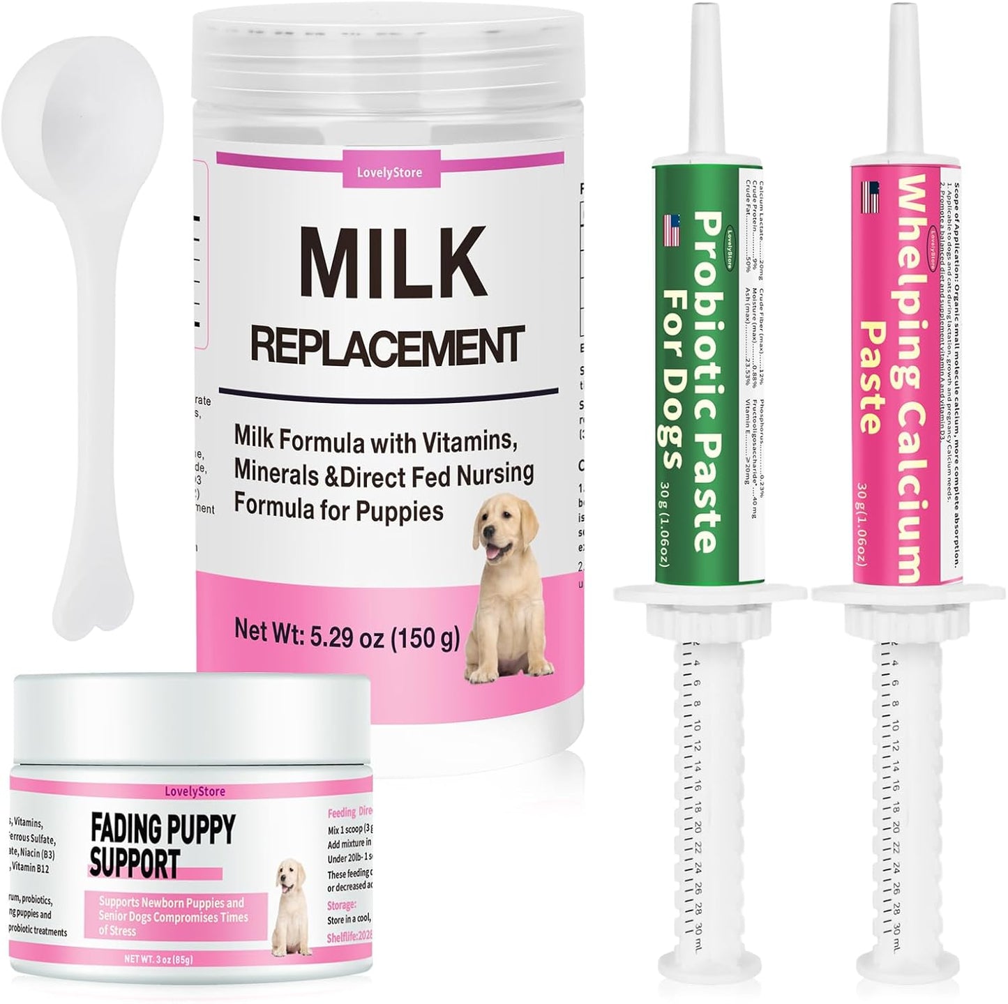 4 in 1 Whelping Kit for Dogs - Whelping Calcium Paste, Probiotic Paste, Fading Puppy Support & Puppy Milk Replacer - Essential Dog Whelping Supplies for Safe Delivery, Strong Puppies & Nursing Support