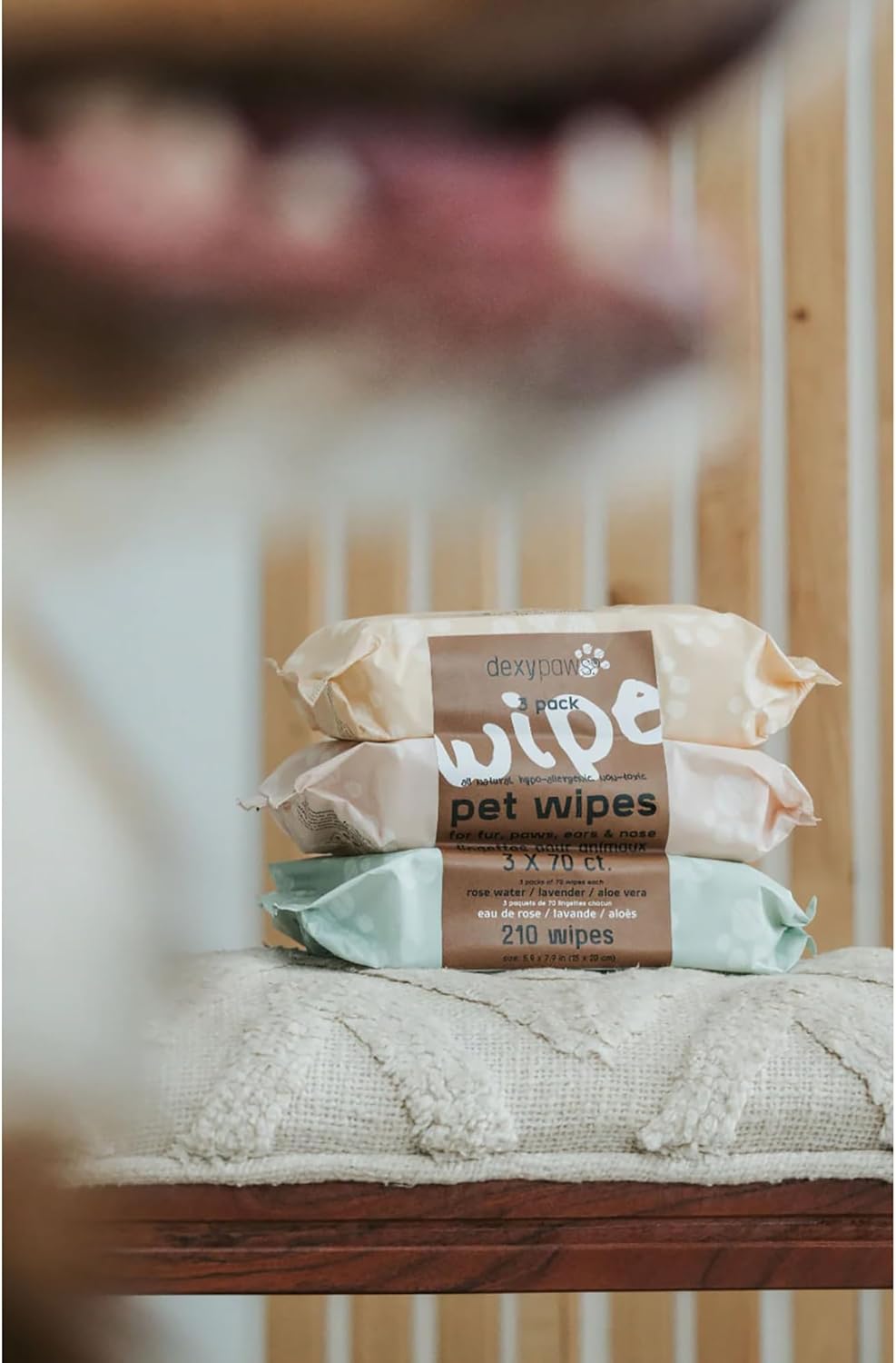 Pet Cleansing Wipes - 3 Packs (70ct Each) - Aloe-Lavender-Rose Water - Wet Wipes for Dogs & Cats, Fur-Paws-Face, Natural Pet Safe Grooming