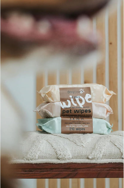 Pet Cleansing Wipes - 3 Packs (70ct Each) - Aloe-Lavender-Rose Water - Wet Wipes for Dogs & Cats, Fur-Paws-Face, Natural Pet Safe Grooming