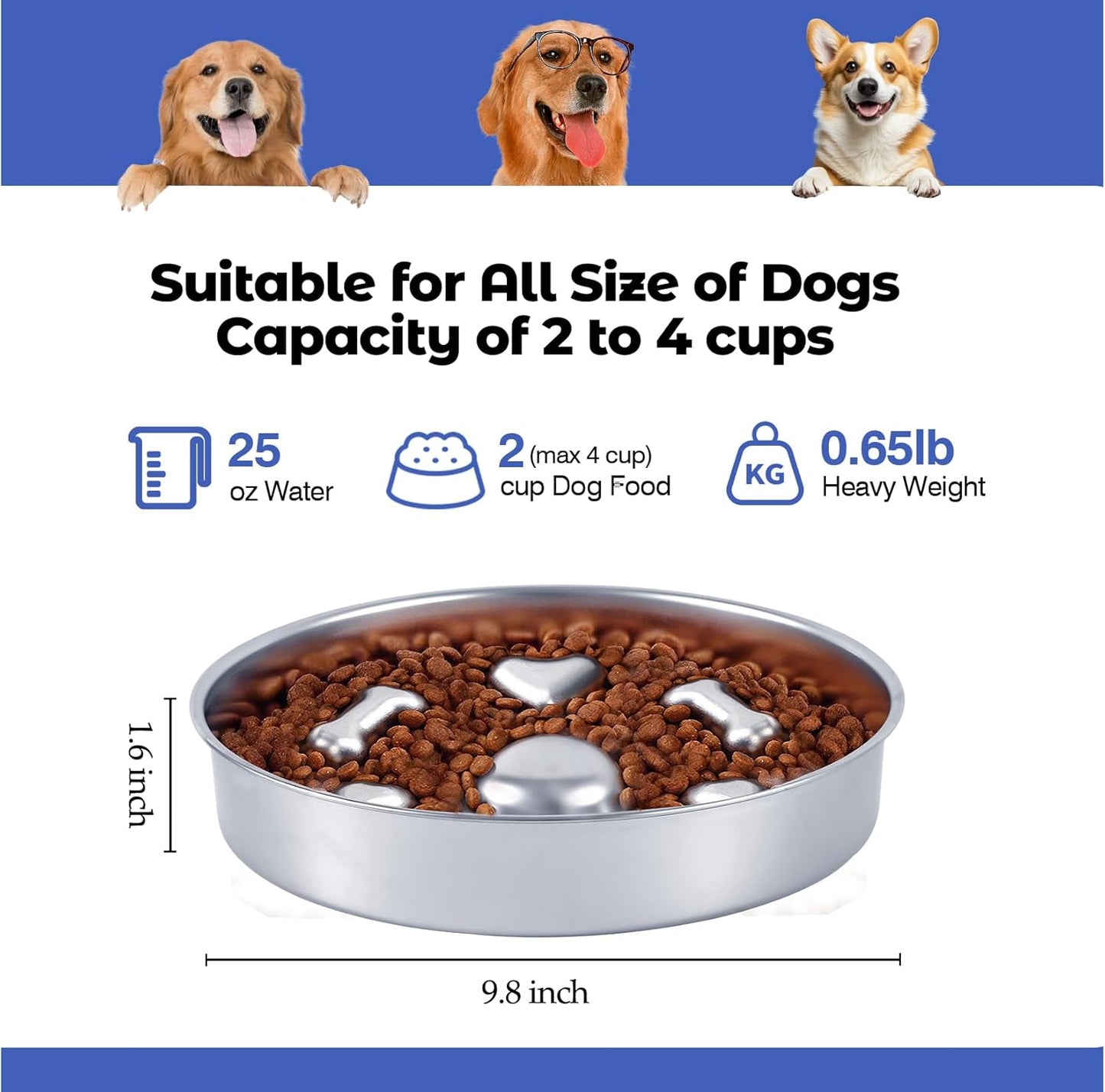 Slow Feeder Dog Bowls, Stainless Steel with Non-Slip Rubber Base Metal Bowl, 4 Cups Large Capacity Slow Feed for Small, Medium, Large Breed Dogs
