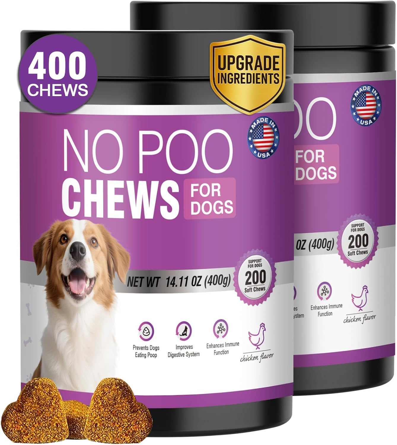 400 Chews No Poo Chews For Dogs-Stool Deterrent For Dog Eating Poop-Coprophagia Deterrent For Dogs-Gut Health & Immune Support-Digestive Enzymes Probiotics Supplement-2*200 Soft Chews-Chicken Flavor
