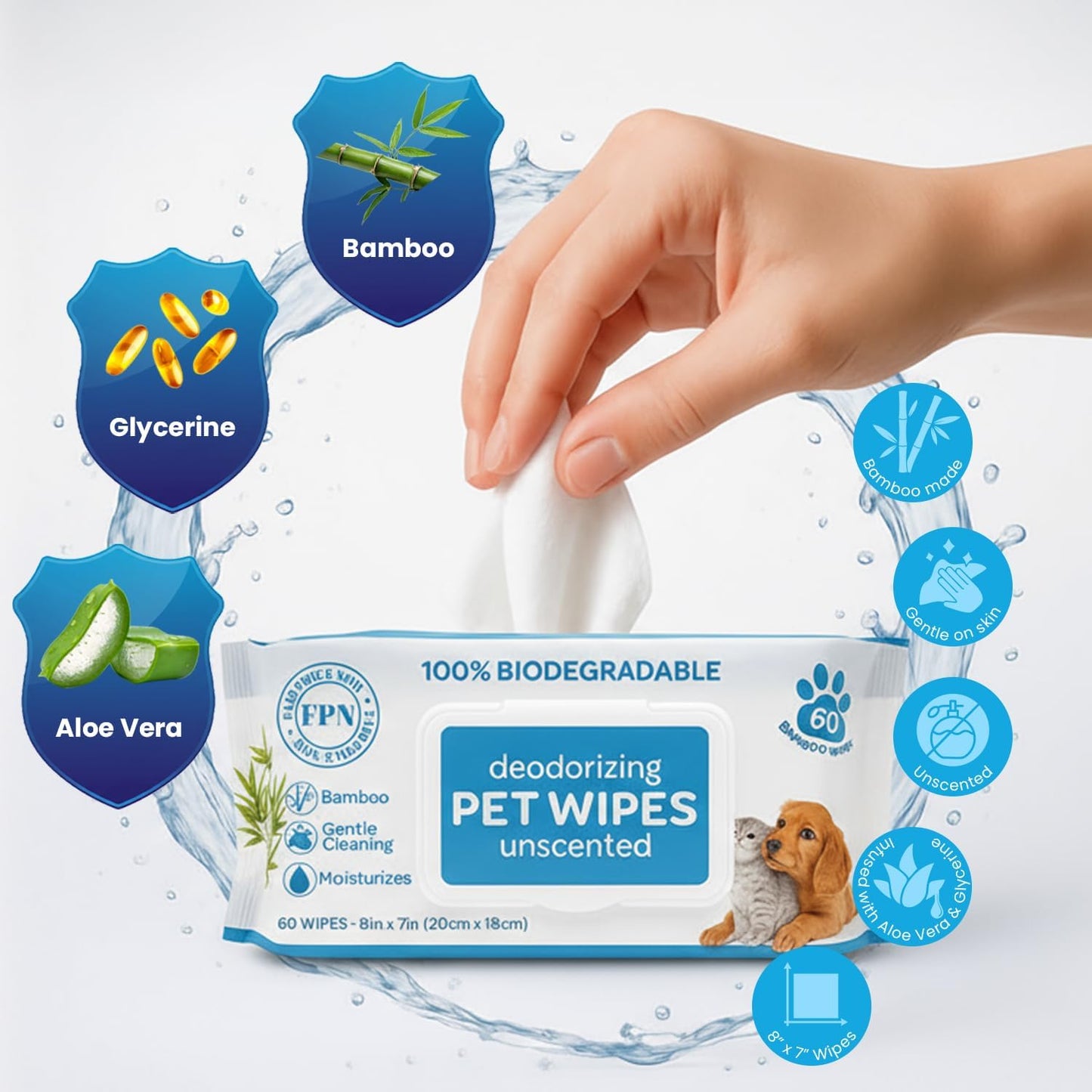 FPN Pet Cleaning Wipe 24 Bags of 60 Wipes – Unscented Bamboo Grooming Wipes for Dogs & Cats – No Alcohol or No Harsh Chemicals – Soft – 7x8 in (24 CT - 1440 Wipes)