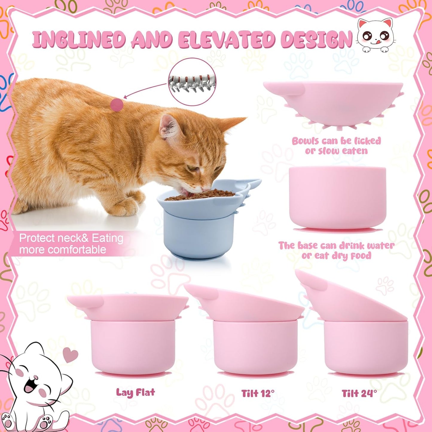 2 Pack Pink, Blue Slow Feeder for Cat Bowls, Silicone Tilted Raised Pet Bowl with Non Slip Base for Digestion Anti Vomit