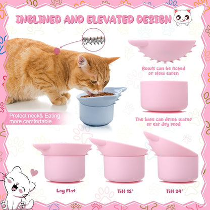 2 Pack Pink, Blue Slow Feeder for Cat Bowls, Silicone Tilted Raised Pet Bowl with Non Slip Base for Digestion Anti Vomit