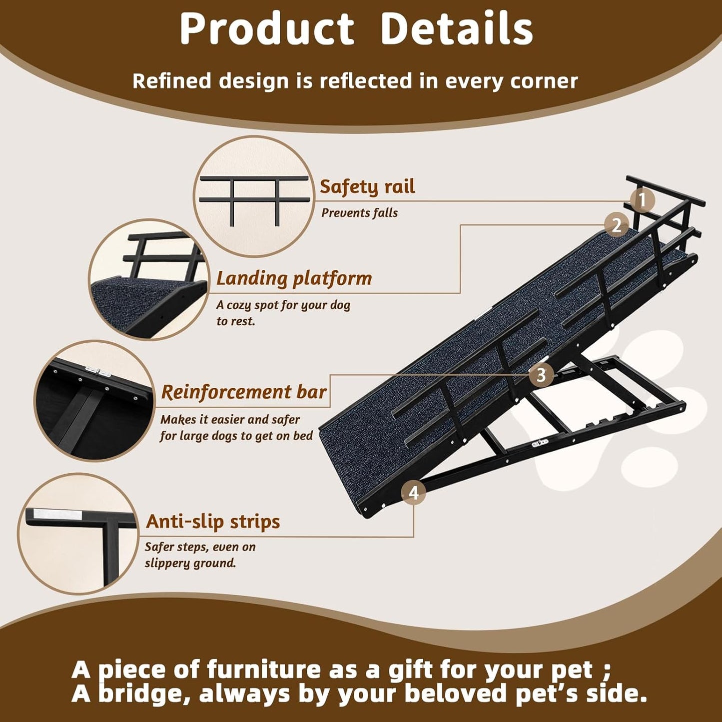 Dog Ramp for Bed - 65" Length, Supports up to 32" Height,Includes Non-Slip Replaceable Carpet, Safety Rails & Landing Platform,Adjustable & Foldable Pet Ramp for Large/Senior Dogs to Get on Bed-Black