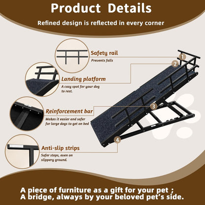 Dog Ramp for Bed - 65" Length, Supports up to 32" Height,Includes Non-Slip Replaceable Carpet, Safety Rails & Landing Platform,Adjustable & Foldable Pet Ramp for Large/Senior Dogs to Get on Bed-Black