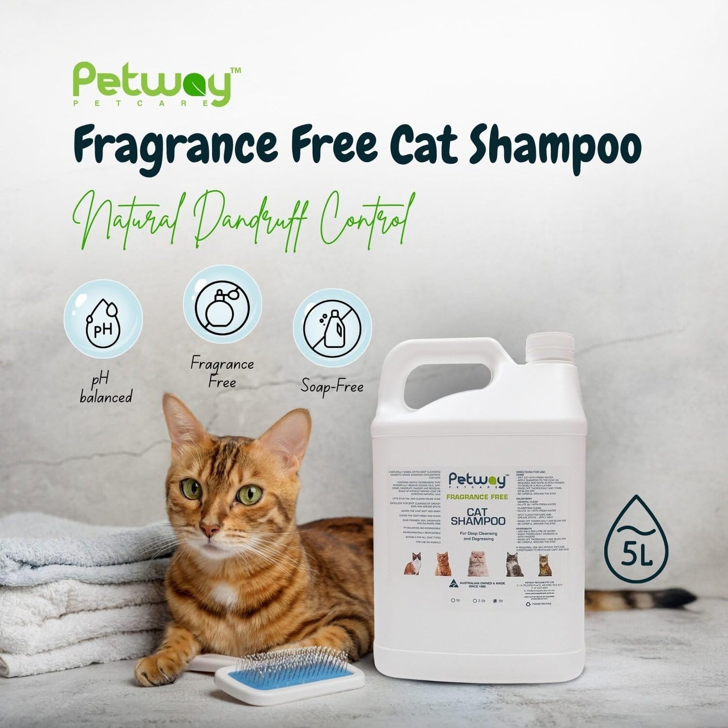 Petway Petcare Cat Shampoo, Natural Dandruff Shampoo, pH Balanced Cat Grooming Supplies with Plant Derived Surfactant, Free of Fragrance, DEA, Phosphates, Parabens & Enzymes, Removes Oil and Dirt, 5 L