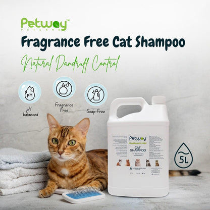 Petway Petcare Cat Shampoo, Natural Dandruff Shampoo, pH Balanced Cat Grooming Supplies with Plant Derived Surfactant, Free of Fragrance, DEA, Phosphates, Parabens & Enzymes, Removes Oil and Dirt, 5 L
