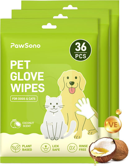 36PCS Pet Glove Wipes for Dogs & Cats, Extra Thick Double-Sided Dog Bath Wipes for Sensitive Skin, Lick-Safe Pet Cleaning Gloves & Cat Cleaning Gloves with Coconut Oil for Coat, Paws & Bottom