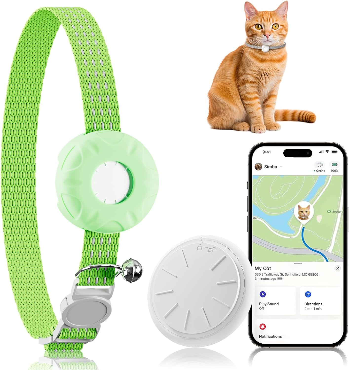 GPS Tracker for Cats, Compatible with Apple Find My App (Only iOS), No Monthly Fee, Waterproof (White Tracker, Green Cat Collar)