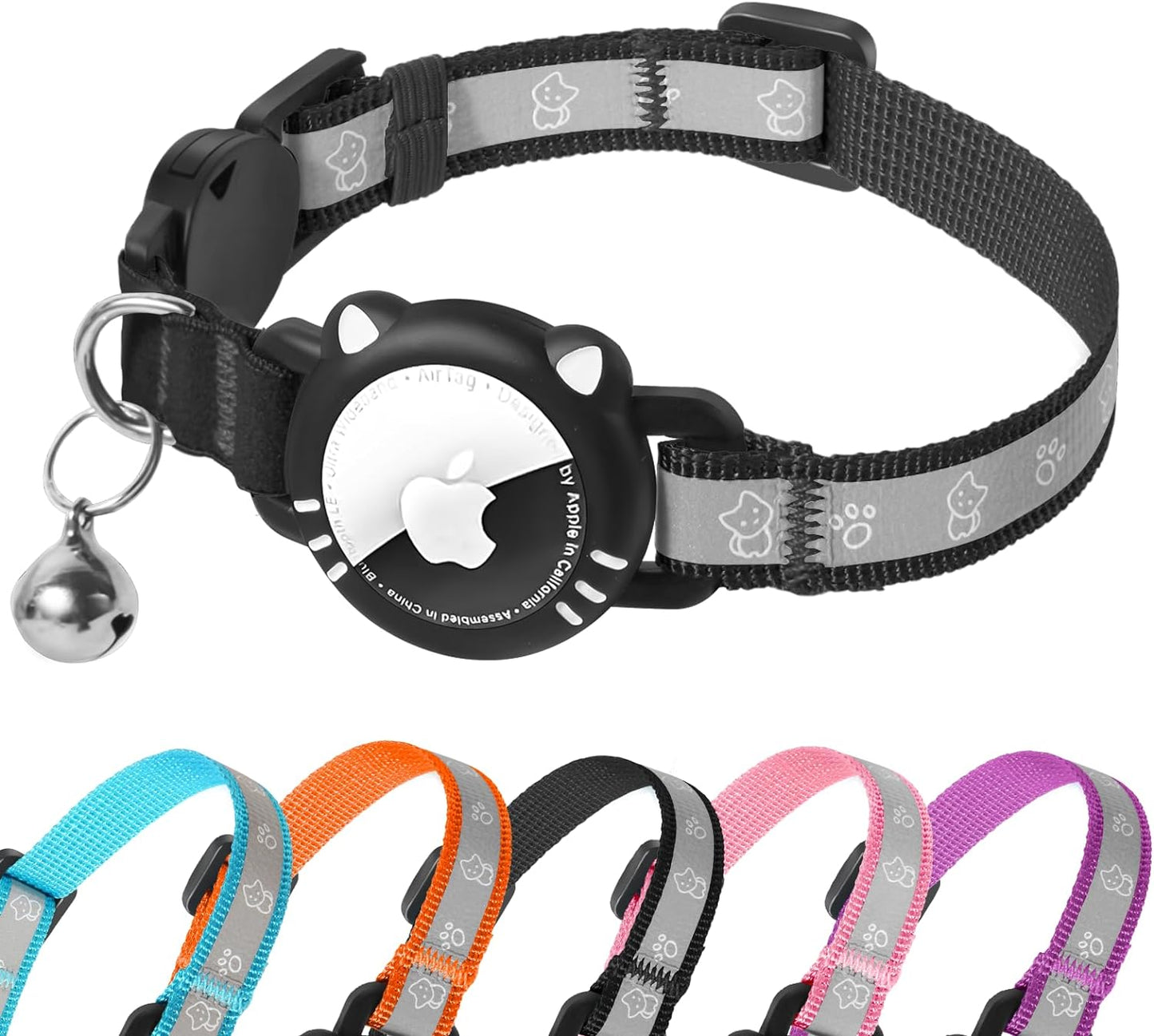 Airtag Cat Collar, Reflective Cat Collar with Apple Air Tag Holder, Breakaway GPS Tracker Pet Collar with Bell for Cat Kitten, Airtag Not Included, Black, S(9-11 Inch)