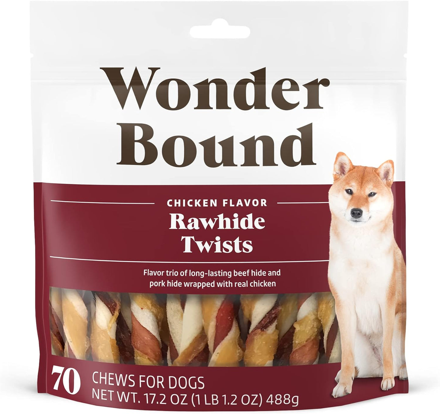 Amazon Brand - Wonder Bound Chicken Flavor Dog Rawhide Twist Sticks, 70 Count, 1.08 pound (Pack of 1)