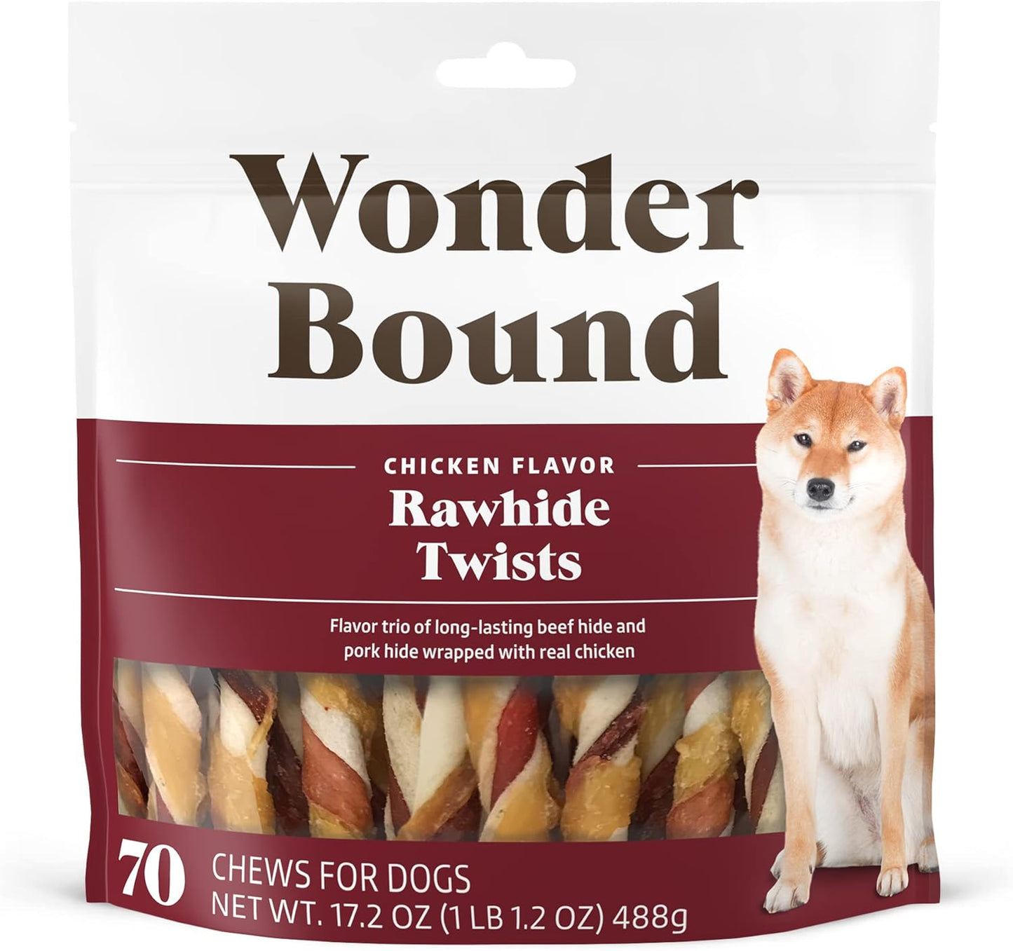 Amazon Brand - Wonder Bound Chicken Flavor Dog Rawhide Twist Sticks, 70 Count, 1.08 pound (Pack of 1)