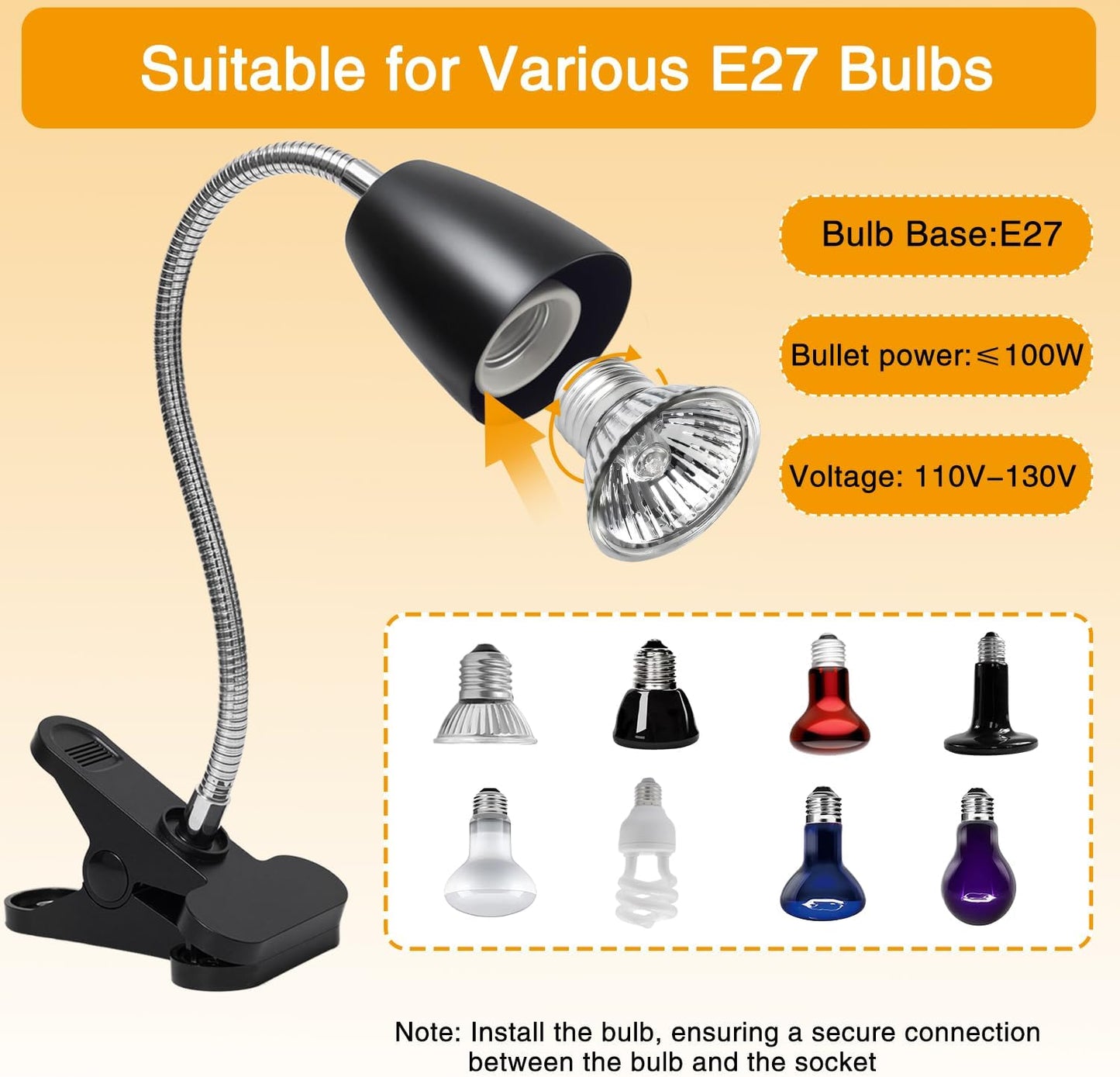 Reptile Heat Lamp, Turtle Heater Light with 2Pcs UVA UVB Bulb, 360° Rotatable Turtle Tank Basking Light with Clamp and Cycle Timer, Heat Lamp for Turtle Lizard Snake Amphibians