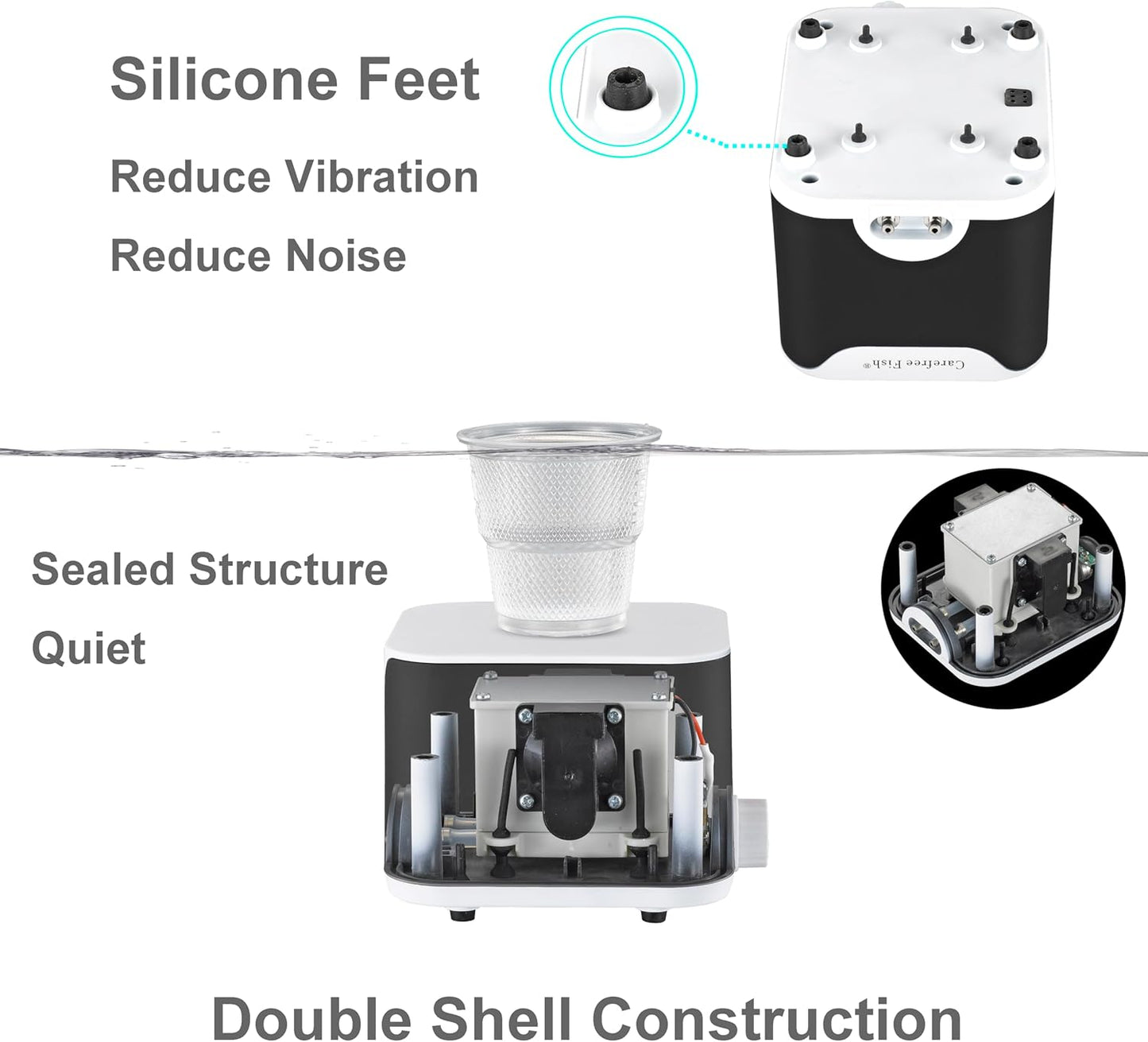 Carefree Fish 5/10W Aquarium Air Pump Dual Outlets Super Quiet Oxygen Pump with 6Ft Silicone Anti-Shedding Tubing and 2 Bubble Stones
