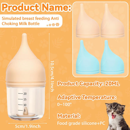 2 Pcs Kitten Bottles for Nursing, 20 ml Kitten Bottle Feeding Kit with 4 Pcs Replaceable Silicone Nipples Puppy Milk Replacer, Anti-Choking Feeder Design, Blue and Yellow for Newborn Pets