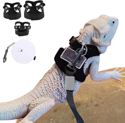 3 Pack Bearded Dragon Harness and Leash Set - Adjustable Soft Leather Lizard Harness with Retractable Leash Small Animal Traction Rope Walking Vest Accessories for Reptile Squirrel Rat (Black)