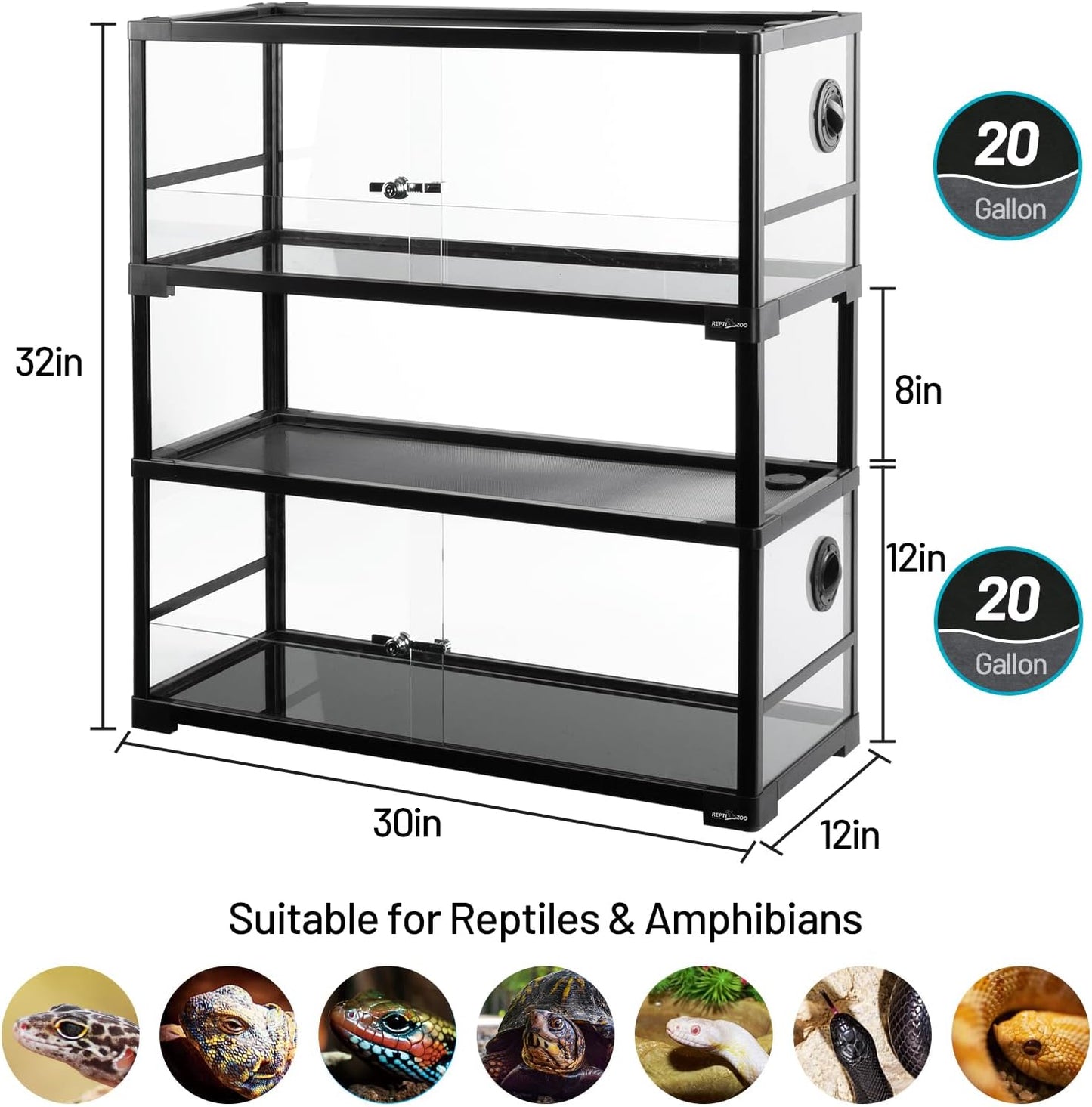 REPTI ZOO Double Stacked Reptile Tank 30" x 12" x 32", 40 Gallon Stackable Glass Terrarium with Sliding Doors, Top Ventilation, Space Efficient Enclosures for Bearded Dragon, Lizard, Snake, Gecko