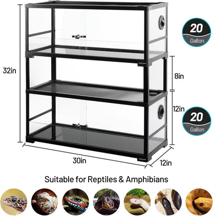 REPTI ZOO Double Stacked Reptile Tank 30" x 12" x 32", 40 Gallon Stackable Glass Terrarium with Sliding Doors, Top Ventilation, Space Efficient Enclosures for Bearded Dragon, Lizard, Snake, Gecko