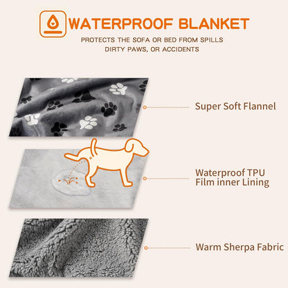 Waterproof Dog Blankets Pet Blanket, Soft Fluffy Sofa Car Bed Protector, Reversible Sherpa Fleece Dog Blanket for Large Dogs (Dark Grey-Paws, 50"x60")