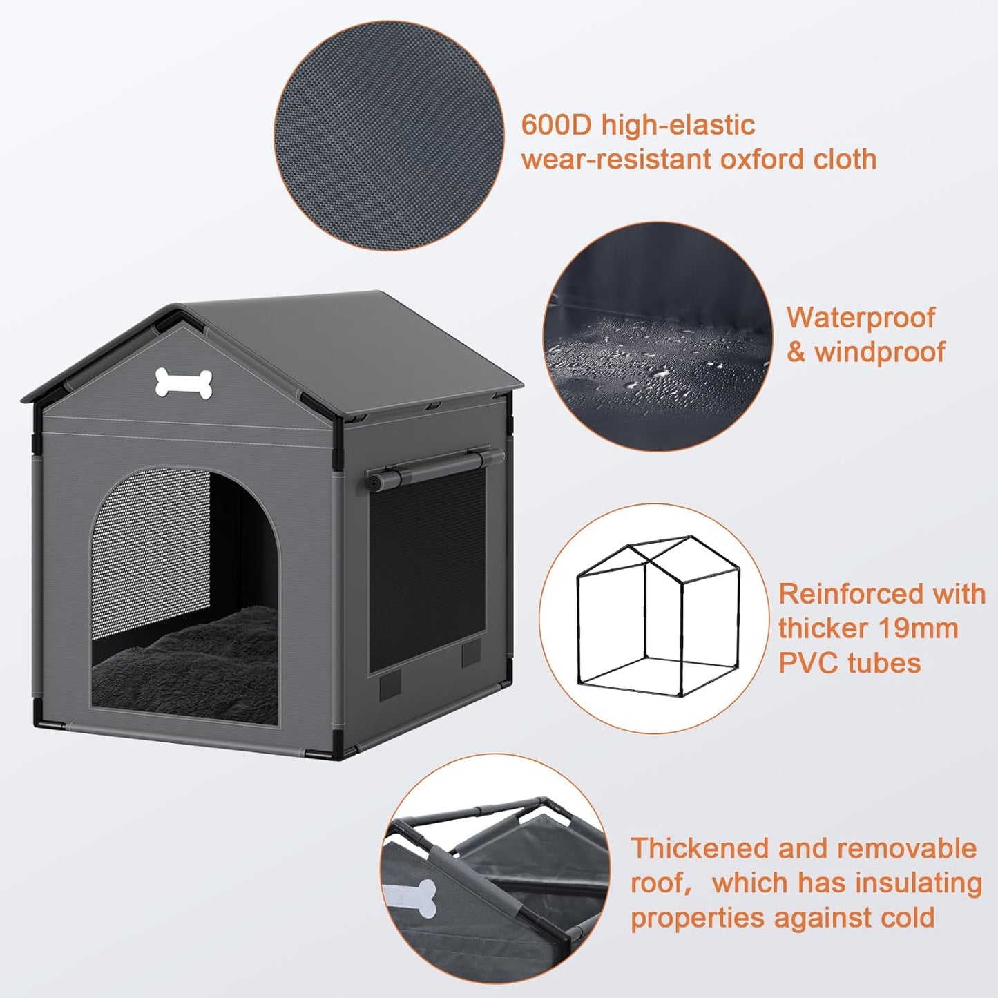Dog House Indoor, Large Doghouse Soft with Frame, Waterproof Pet House for Medium Large Dogs with Oxford Fabric, Warm Indoor Dog House Bed with Soft Cushion, 27.56x21.26x26.77in, Dark Gray