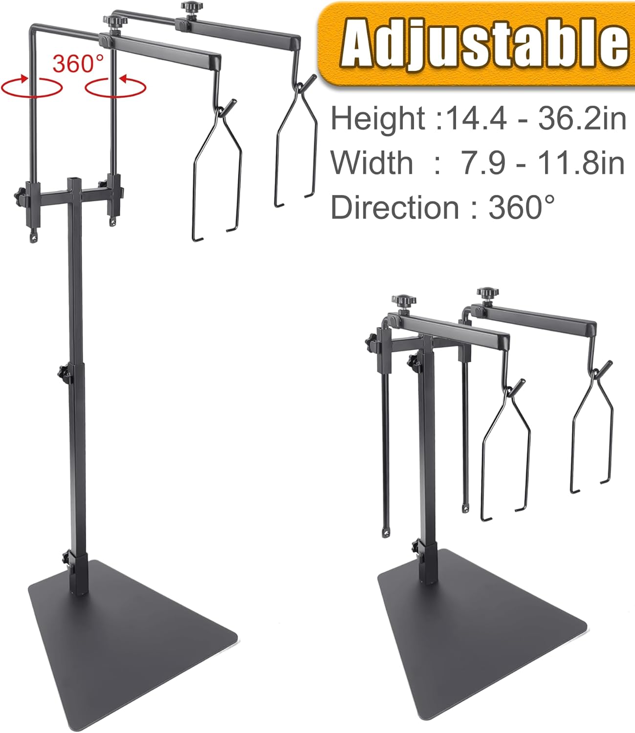 Dual Reptile Heat Lamp Stand for Light Fixtures - Adjustable Height 14.4"-36.2" Metal Holder - Floor Light Stand for Terrarium & Tank - Heating Light Bracket for Fixing Reptile Lamp Fixtures