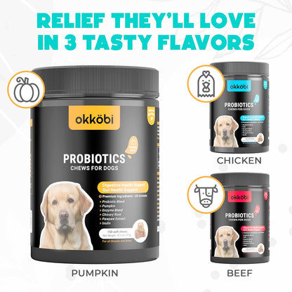Probiotics for Dogs Chews 150PCs - Digestive, Gut Health & Diarrhea Support - Probiotic Chews for Dogs - Vet Approved US Formula with Dog Probiotics, Enzymes & Natural Ingredients - Pumpkin