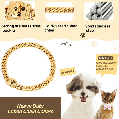 Gold Chain Dog Collars 15MM Stainless Steel Cuban Link Chain Collar with Secure Buckle Design, Metal Walking Training Collars, Chew Proof, Suitable for Small Medium Large Dogs (Gold,12'')