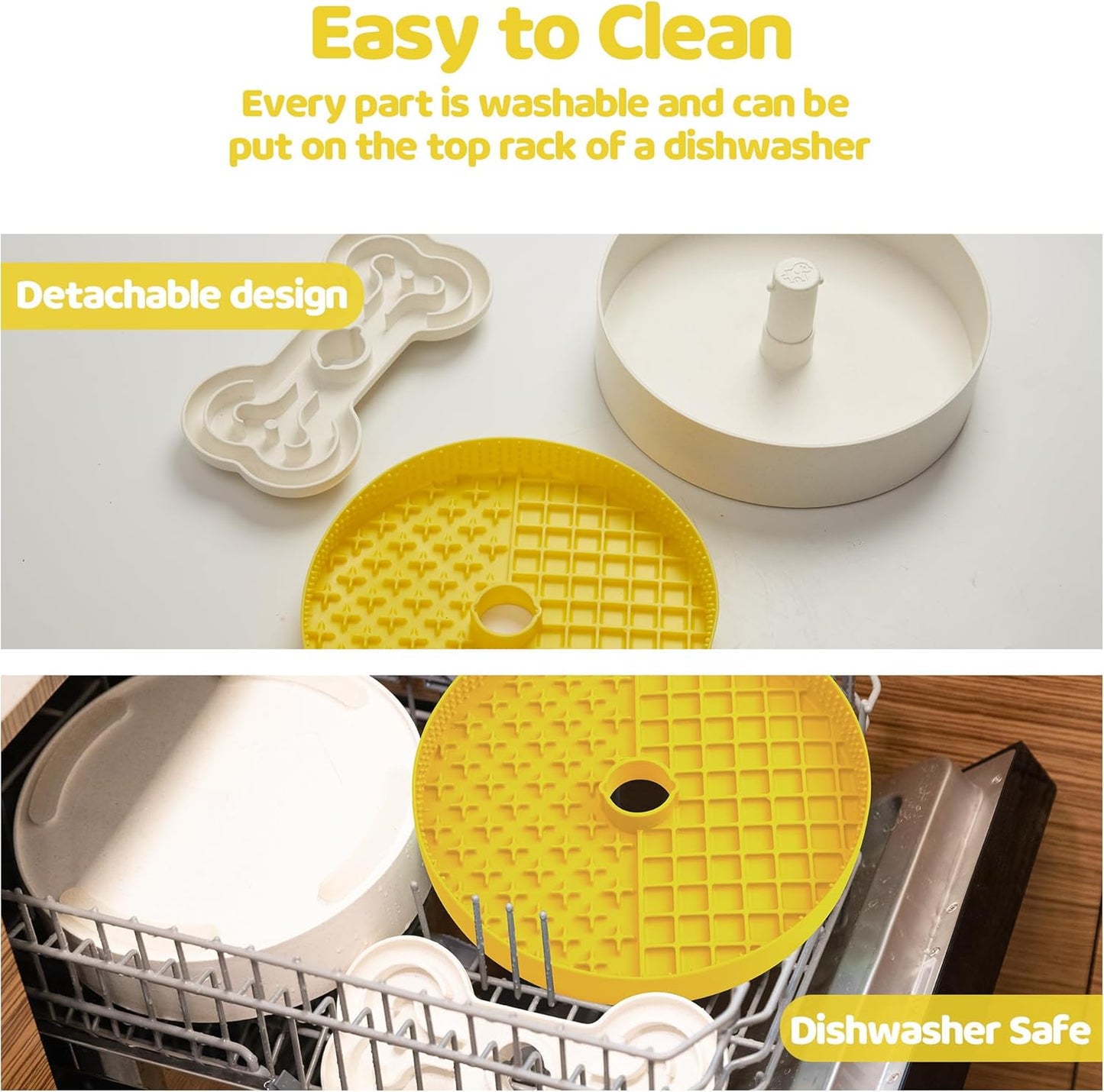 Puzzle Feeder Slow Feeder Dog Bowl with Lick Mat and Puzzle Inserts - Non-Slip Base, Adjustable Speed Design, Dishwasher Safe for Large Dogs,Yellow