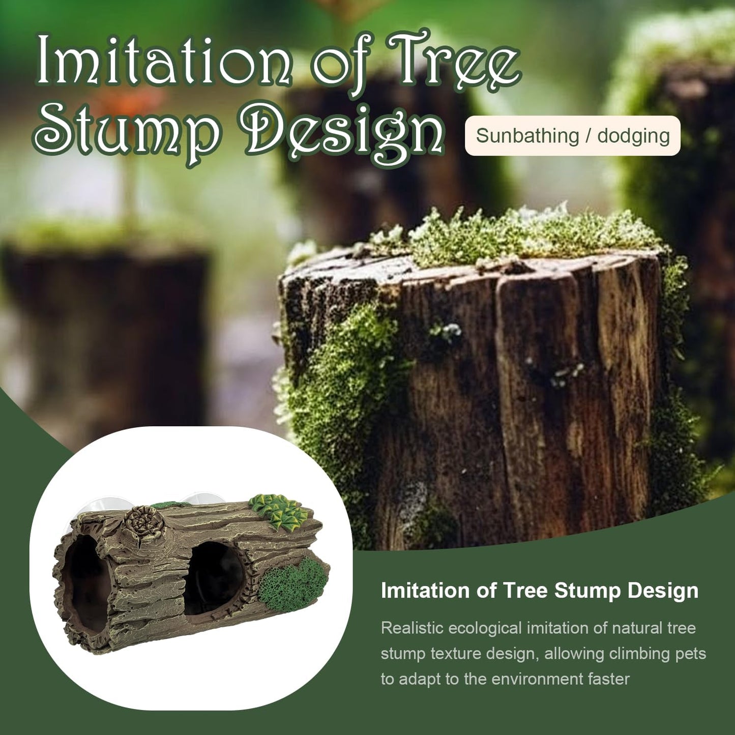 Reptile Hide, Resin Hollow Log Cave with Two Strong Suction Cups,Gecko Tank Accessories Climbing Toy– Climbing Decoration and Hideout for Lizards, Geckos, Snakes, Hermit Crabs, and Frogs