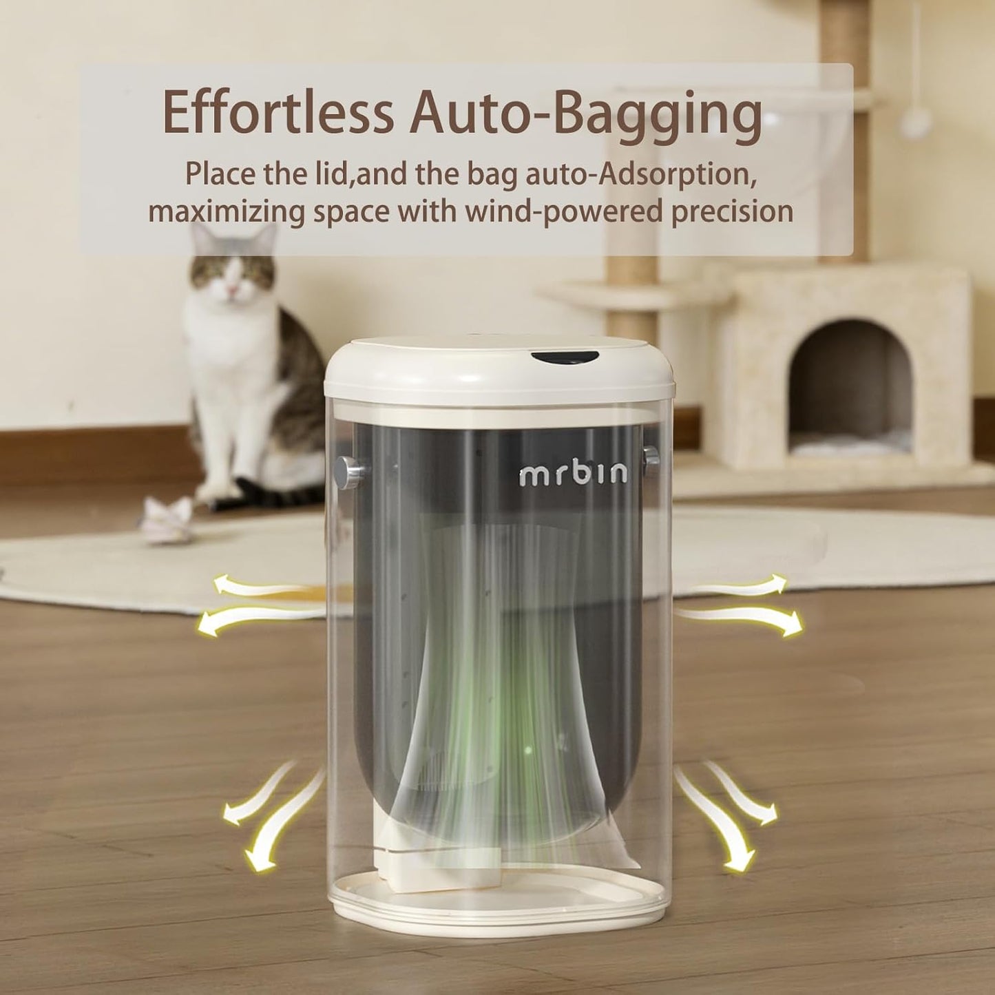 MRBIN Cat Litter Trash can Adsorption Metal, 18L / 4.8gal Automatic Absorbing Bag Diaper Pail, Garbage Bin with Wheels, cat Poop Odor Control Litter Box, Motion Sensor