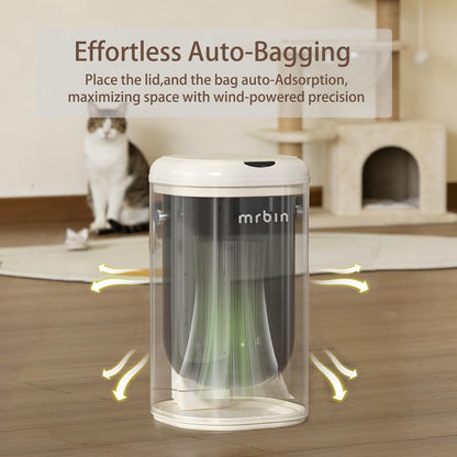 MRBIN Cat Litter Trash can Adsorption Metal, 18L / 4.8gal Automatic Absorbing Bag Diaper Pail, Garbage Bin with Wheels, cat Poop Odor Control Litter Box, Motion Sensor