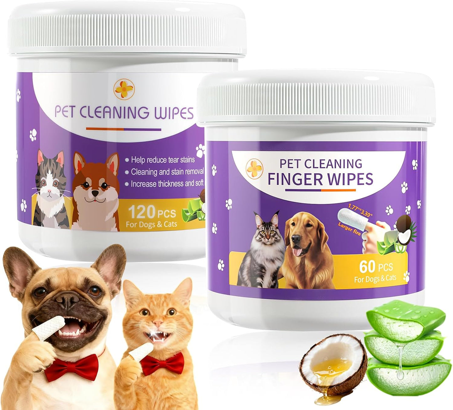 MeCids Pet Cleaning Wipe and Dogs Teeth Cleaning Finger Wipes Set 180PCS, Gentle Pet Wipes for Dogs & Cats Eyes, Ear, Paws, Butt, Face