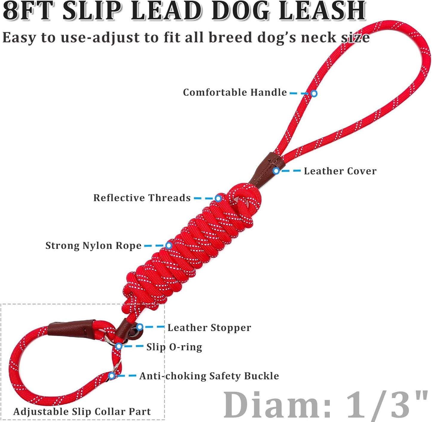 WYuZe 8 FT Slip Lead Leash for Dogs Training Leash (Black+Blue+Red)