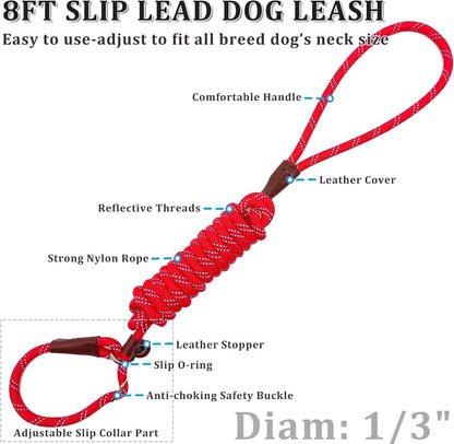 WYuZe 8 FT Slip Lead Leash for Dogs Training Leash (Black+Blue+Red)