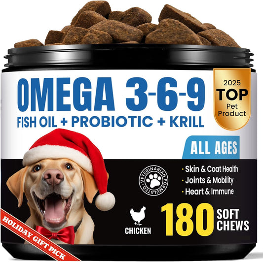 Omega 3 for Dogs – Salmon Oil for Dogs Skin & Coat Health, Fish Oil Supplement for Dog Shedding, Itch & Hot Spot Relief, Allergy Chews with EPA & DHA Fatty Acids for Skin & Joint Support - 180 Ct