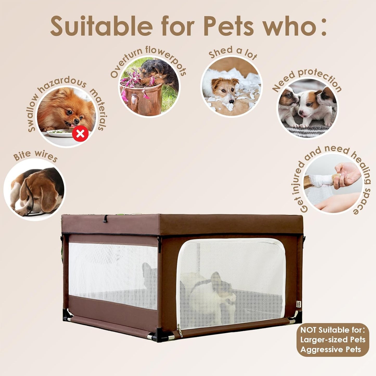 EHEYCIGA 42x42x26 Inches Puppy Playpen with Top Cover for Dogs & Cats Indoor or Outdoor - Dog Playpen with Door, Dog Fence for Small Animal with Heavy-Duty Oxford & Steel Frame, Brown