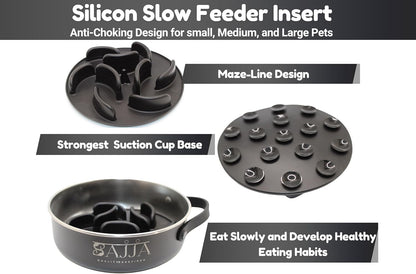 Black Slow Feeder 3-in-1 Travel Dog Bowl Set – 30 OZ Stainless Steel + 20 OZ Collapsible BPA-Free Silicone Bowl Lid | Silicon Slow Feeder Insert | Non-Slip, Anti-Choking|, Carabiner | We give Back