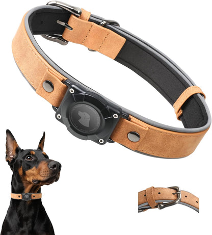 Leather AirTag Dog Collar - IPX8 Waterproof Dog Collar with AirTag Holder|Reflective, High - End, Adjustable Soft Padded |Dog GPS Collar Tracker Fit for Medium Large Dogs (Light Brown, L)