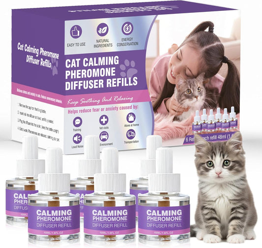 Cat Pheromones Calming Diffuser Refills 6 Packs, Calm Cat Pheromone Diffusers Refill Multicat Plug in Diffuser Relaxants for Cat Anxiety and Stress
