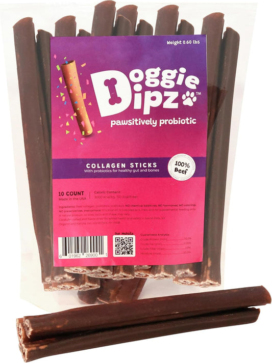 Beef Collagen Sticks for Dogs – 10 Pack - 6” Sticks - Healthy Dog Chew Treats with Probiotics – Natural, Rawhide-Free, Long-Lasting – Bully Stick Alternative Made in USA (Unflavored)